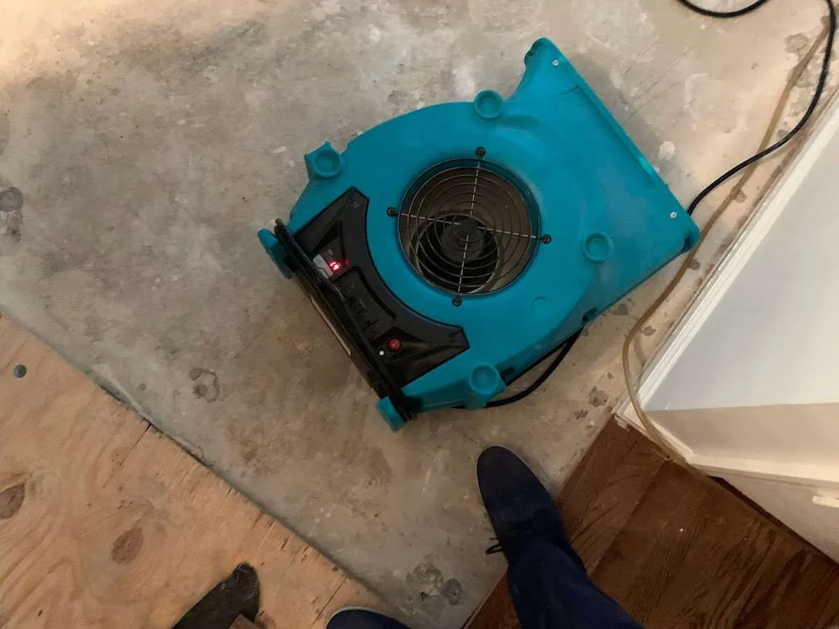 Air mover drying subfloor during Leak Detection & Repair in Malta